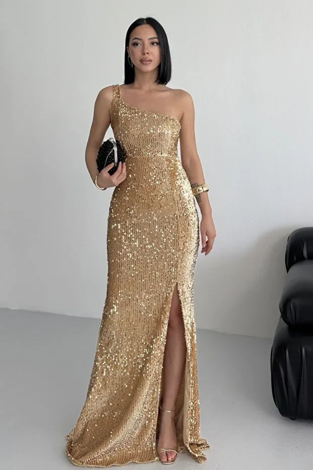 ALFUDO Moda Collection Trend Velvet Sequin Dress Gold