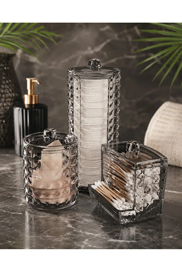Anthracite 3-Piece Cotton Pad and Makeup Organizer Set Diamond Patterned Cotton Swab Box Bathroom Organizer
