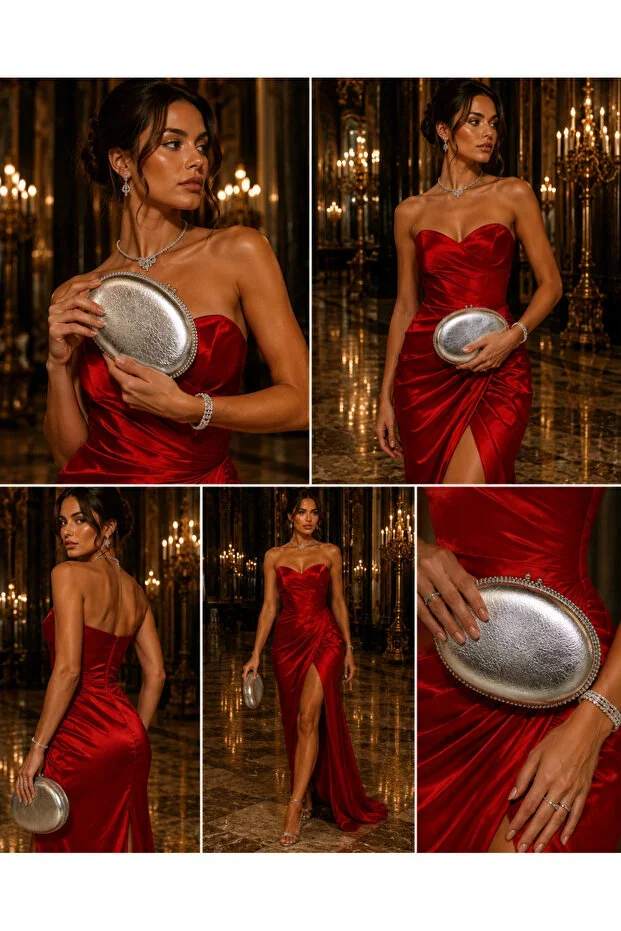 Women's Wrinkled Leather Silver Evening Clutch Bag with Chain Strap, Handbag for Weddings, Engagements, and Nights Out
