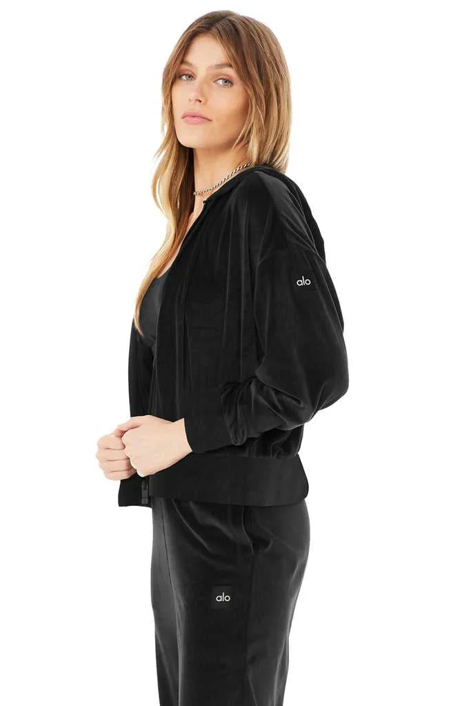 Alo Yoga Velour Glimmer Full Zip Kapüşonlu Sweatshirt Siyah | KHXMW-0972