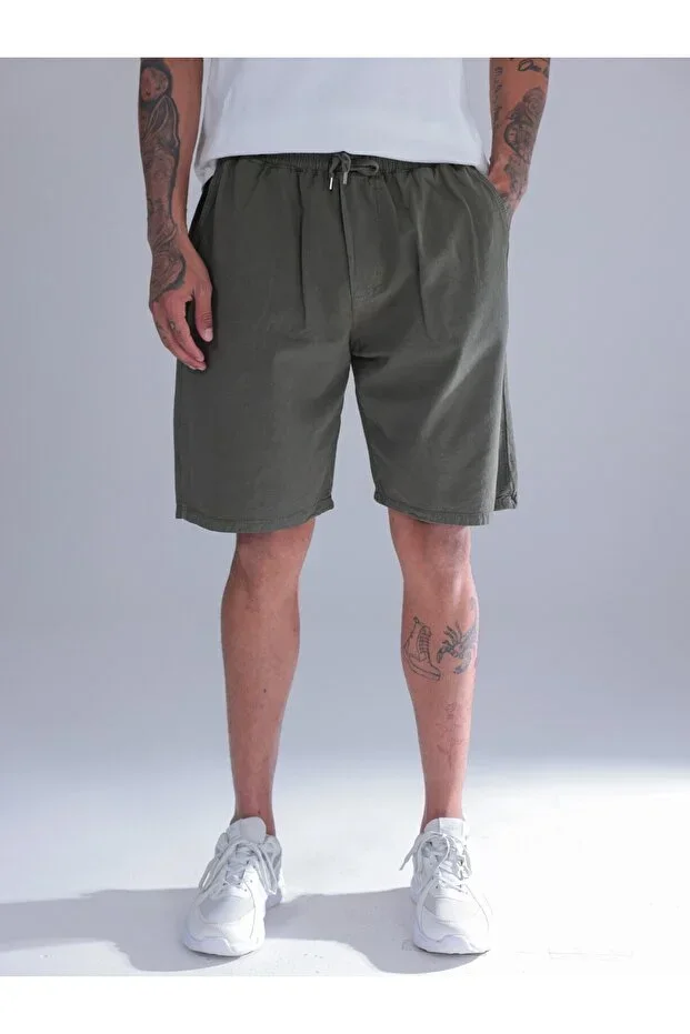 Men's Khaki Linen Shorts – Elastic Waist Lace-Up Oversize Comfortable Summer Casual Shorts
