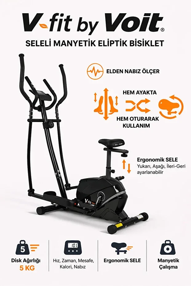 Voit V-Fit Magnetic Elliptical Bike with Saddle – Silent, Heart Rate Monitor | Seated & Standing Use