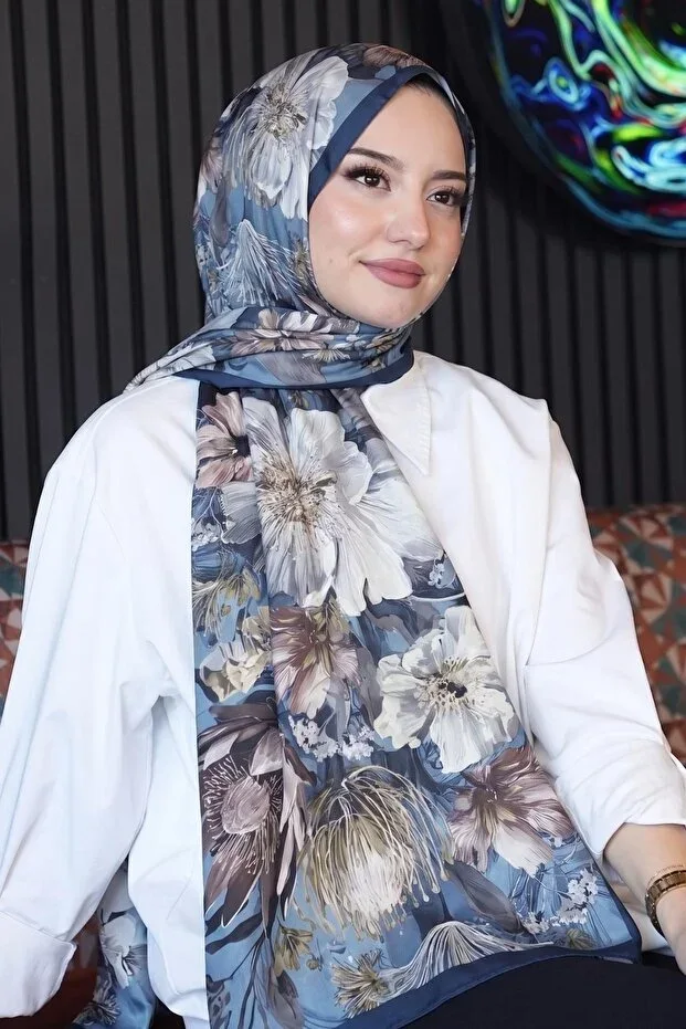 Botanical Flower Pattern Turquoise Soft Cotton Scarf