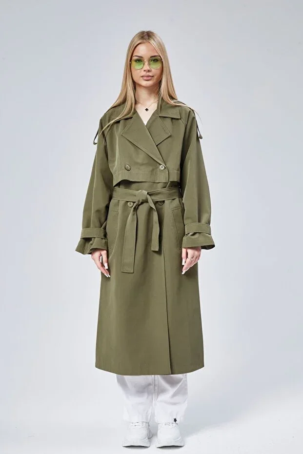 Khaki Oversize Crossover Closure Windbreaker Detail Trench Coat 44956