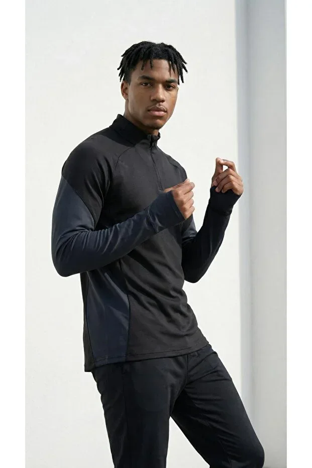 CLAW UP WORK Heavyweight Modal Fabric Patch Detailed Thumbhole Half Zip Men's Black-Anthracite Sweatshirt