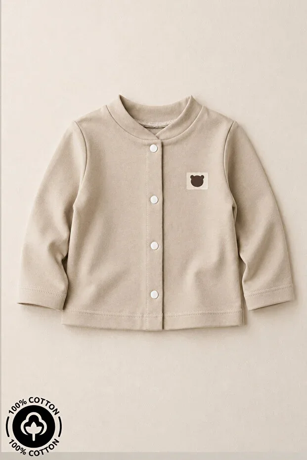 Unisex Baby Teddy Bear Emblem Detailed 100% Cotton 3-12 Months Seasonal Jersey Baby Cardigan
