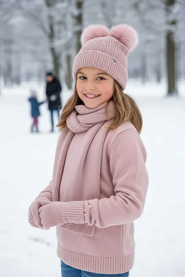 9-15 Years Girls Scarf Hat Gloves 3-Piece Set