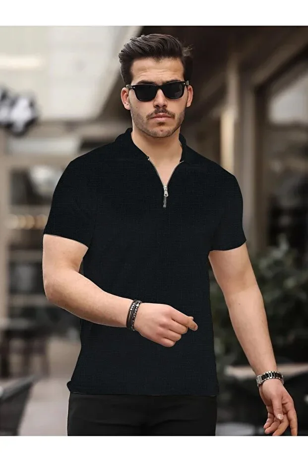 David Men's Zippered Polo Collar Cotton Fabric Black Short Sleeve T-shirt