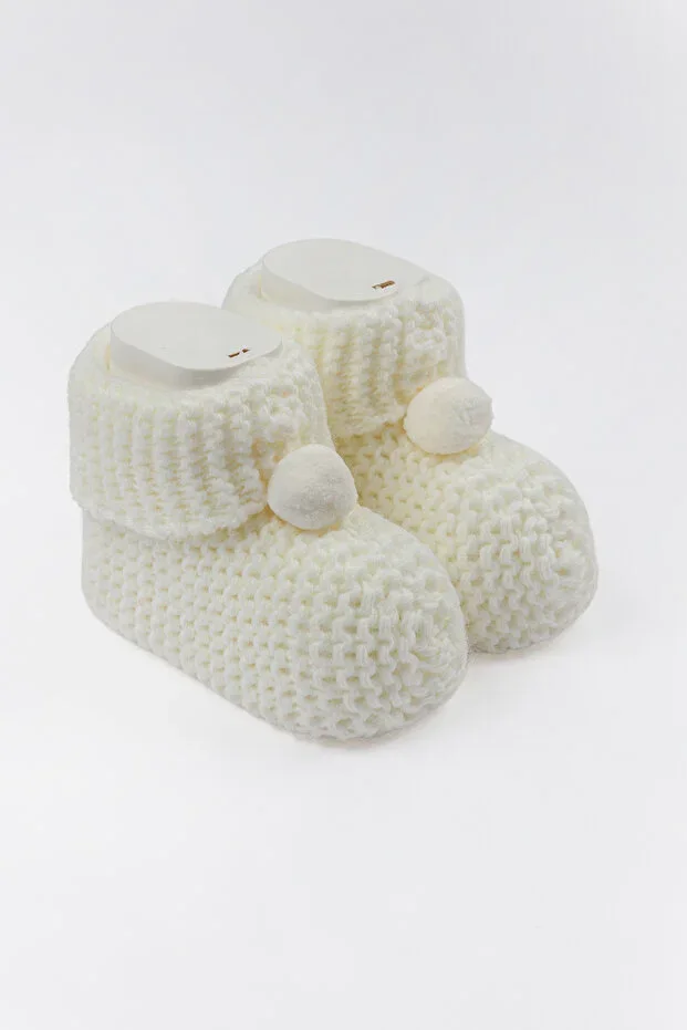 Baby Booties Knit 0/6 Months With Pom-pom