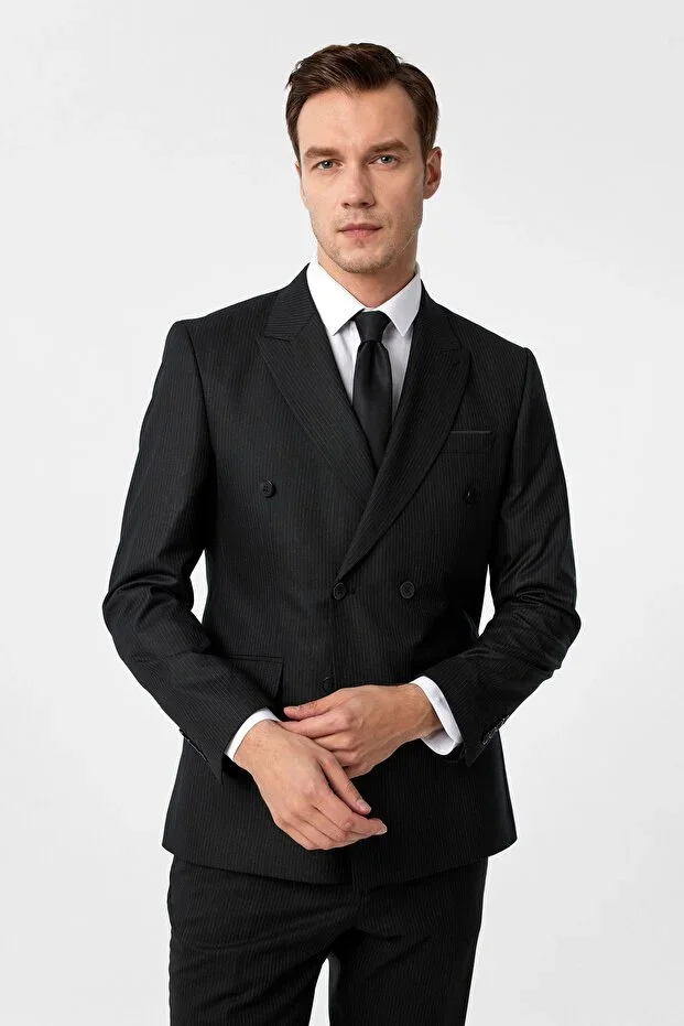 Süvari Slim Fit 6 Drop Striped Double-Breasted Black Suit