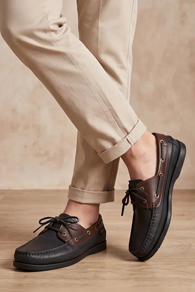 Royal Marine Black Coffee Premium Leather Men's Loafer - Handmade Special Design Classic Boat Shoe