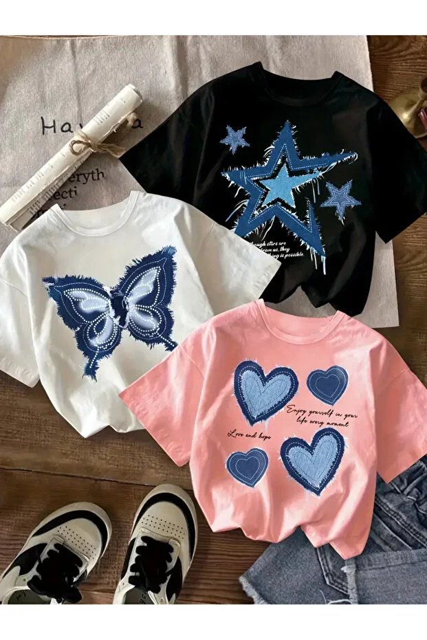 Girls 3-Pack Butterfly-Star-Hearts Denim Themed Print Crew Neck T-Shirt