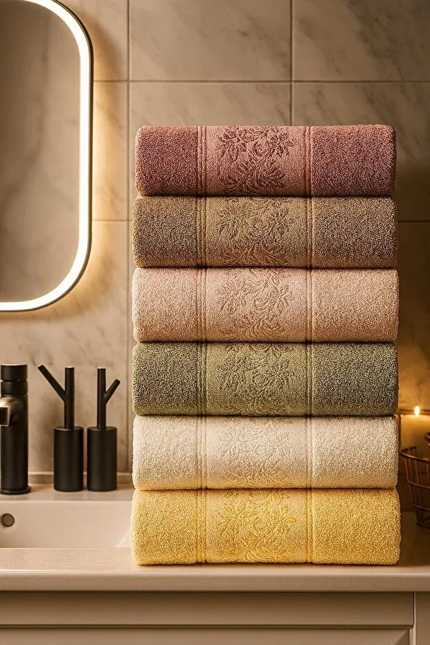 Azra 6 Pieces 50*90 Boxed Patterned Towel | Towel Set | Towel Set | Hand Face Towel | Dowry Towel