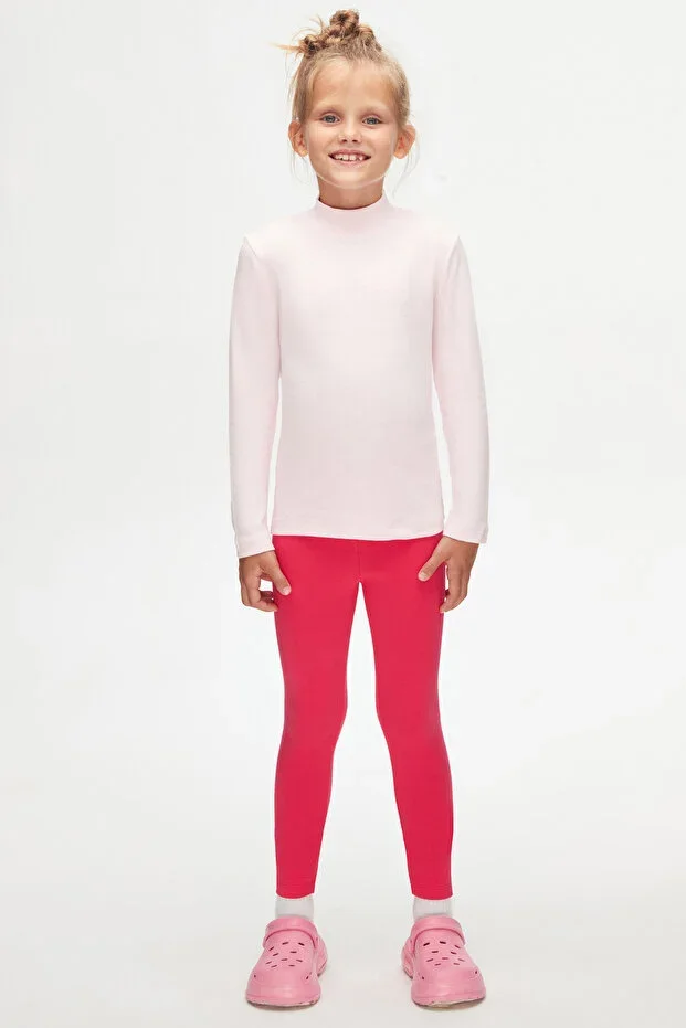 Light Pink Basic Winter Half Turtleneck Long Sleeve Girl T-Shirt