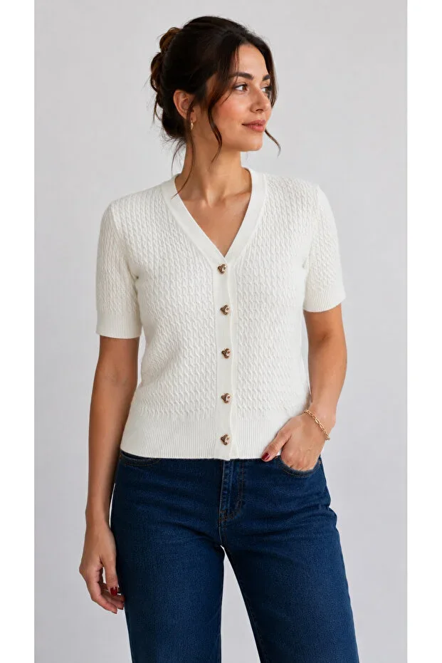 Women's V-Neck Short Sleeve Cable Knit Mercerized Cardigan with Heart Button Detail