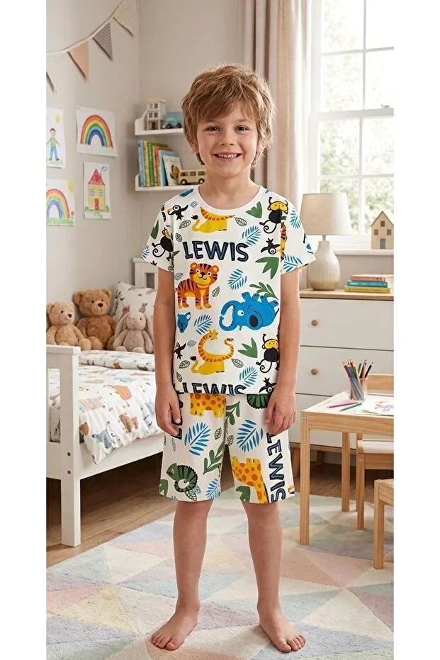 Boys Cotton White Safari Lion Print Short Sleeve Pajama Set with Shorts