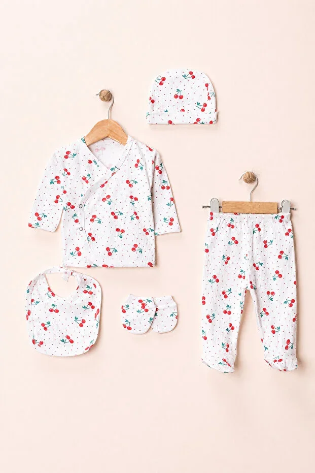 Newborn Baby Cherry Patterned 5-Piece Hospital Exit Set Cotton