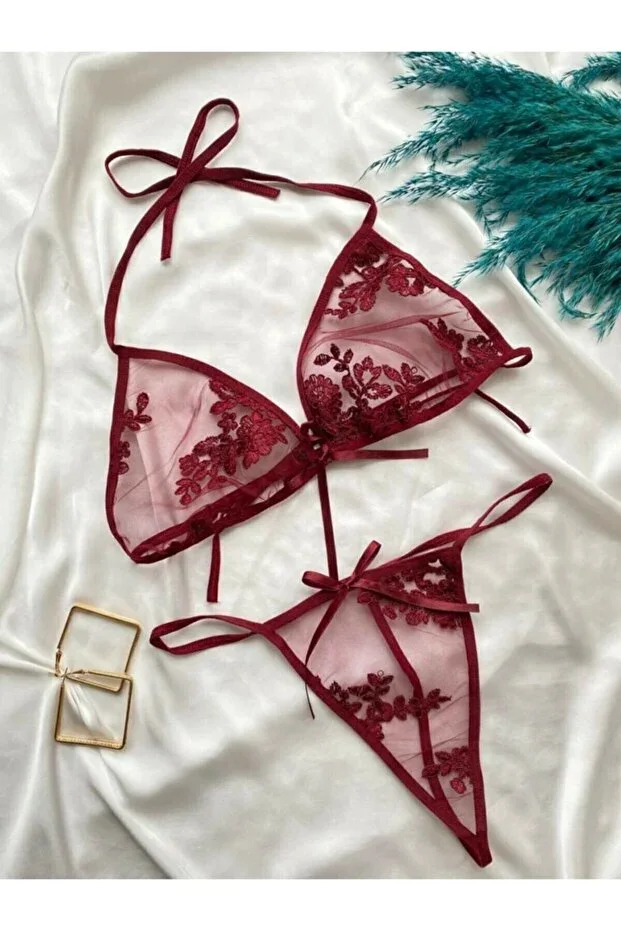 Women's Burgundy Lace Bra Panty Set