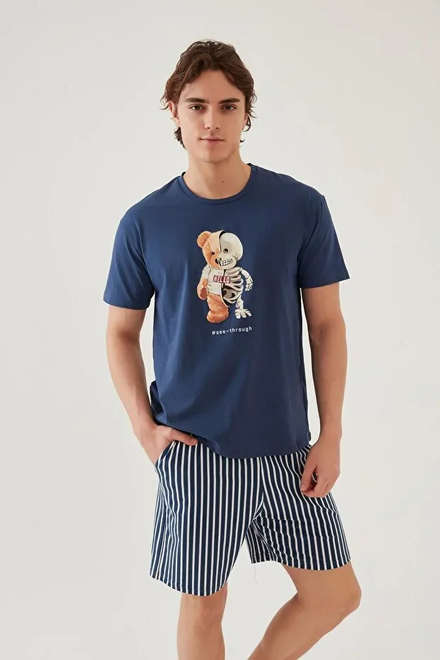 Men's Cotton Blue Printed Pocketed Shorts Pajama Set