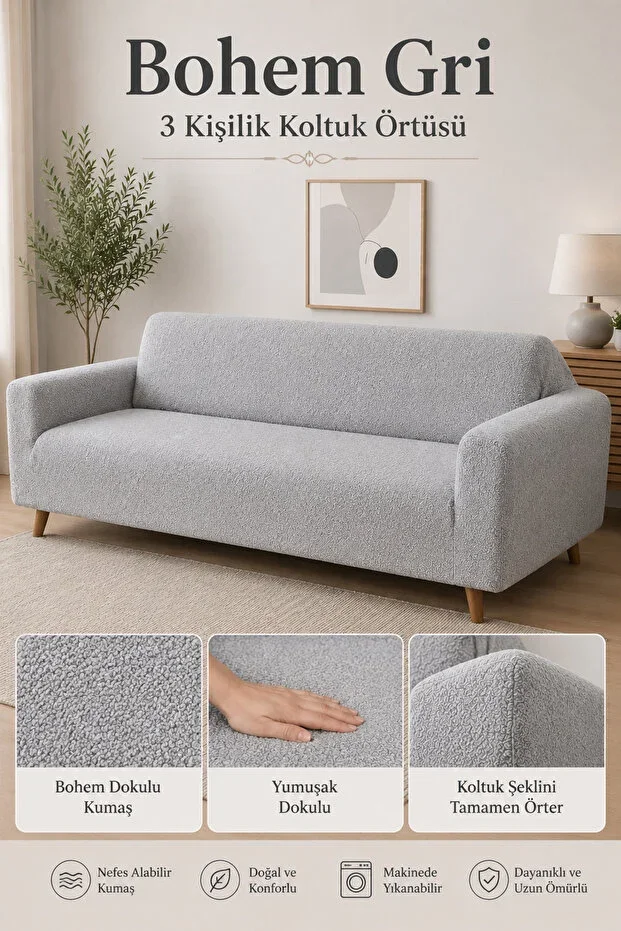 Bohemian Pattern 3 Seater Grey Sofa Cover | Elastic Sofa Cover | Couch Cover | Armchair Cover