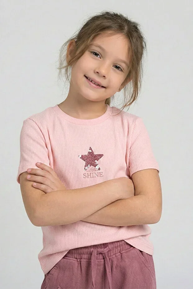 Girls' Star Sequin Embroidered Ribbed Bodysuit