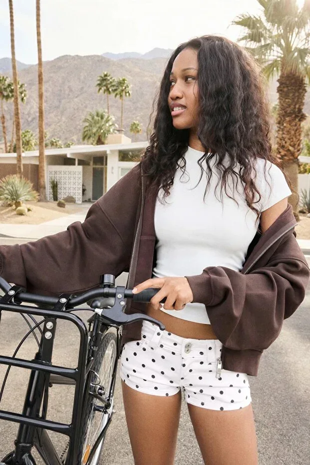 Polka dot pattern denim shorts