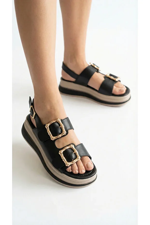 Thick Square Double Gold Buckle Detail High Heel Ankle Buckle Women's Summer Sandal
