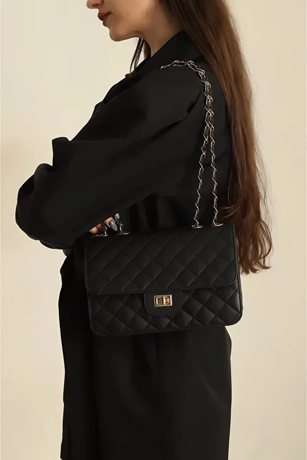 Quilted Lock Closure Shoulder Bag with Adjustable Chain Strap