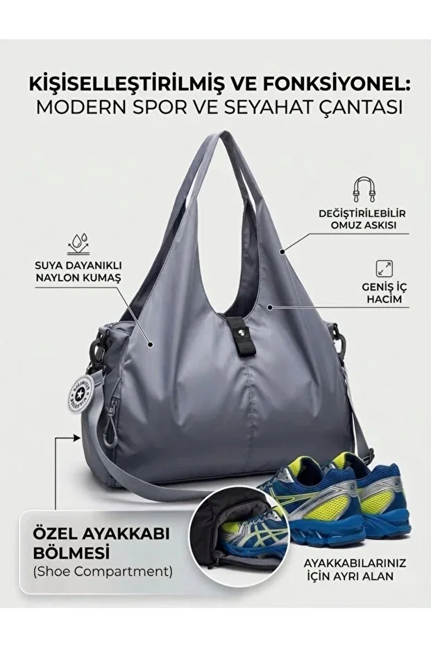 Women's Sports and Travel Bag Waterproof Nylon with Shoe Compartment Large Capacity Fitness Shoulder Bag