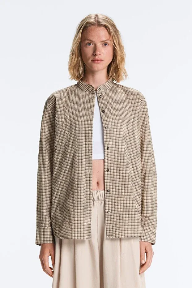 Oysho Checked Cotton Blend Mandarin Collar Shirt