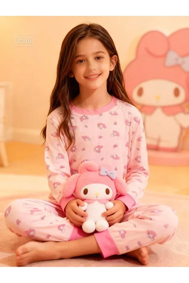 Girls Pink My Melody Print Long Sleeve Cotton Pajama Set with Cuffed Details