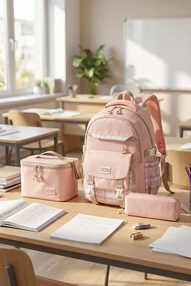-1396 3-Piece Set Children's Primary School Middle School Backpack with Pencil Case and Lunch Bag PINK