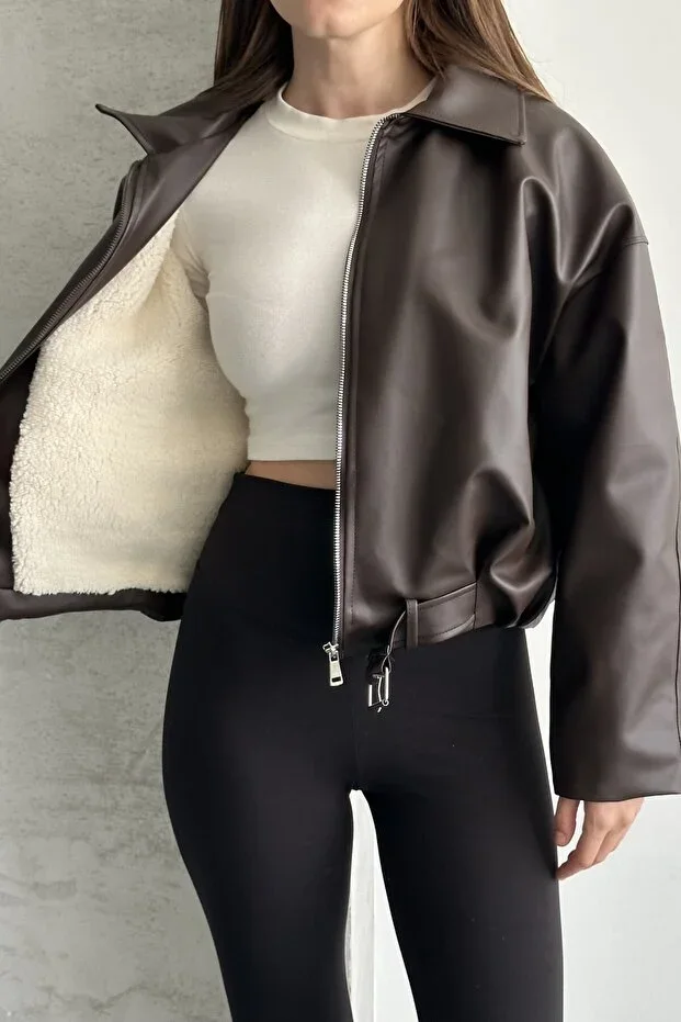 Women's Faux Leather Jacket with Fur Inside - Oversize Plush Lined Premium Biker Jacket