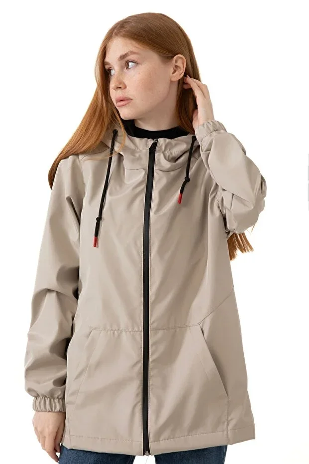 Women's Stone Lined Waterproof and Windproof Hooded Pocketed Raincoat - Windbreaker