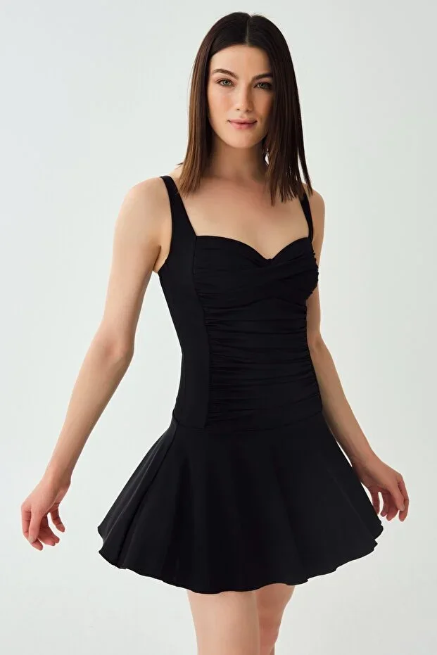 Women's Black Adjustable Strap Ruched Shaping Slimming Effective Draped Dress Swimsuit