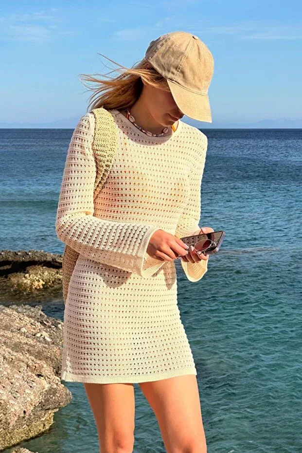 Women's Spanish Sleeve Cable Knit Mini Beach Dress Vanilla Cw25s3025
