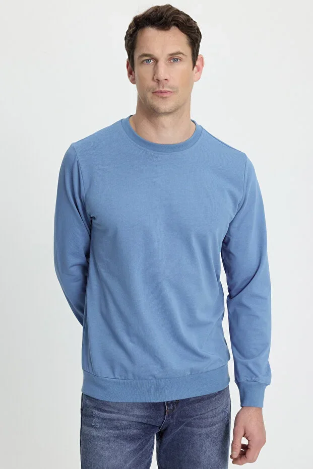 Men's Relax Fit Comfortable Cut 100% Cotton 2-Thread Crew Neck Blue Sweatshirt