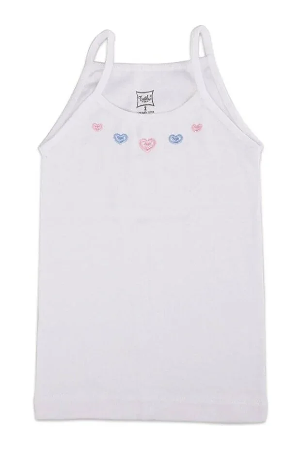Girls White Strap Embroidered Undershirt 6-Pack