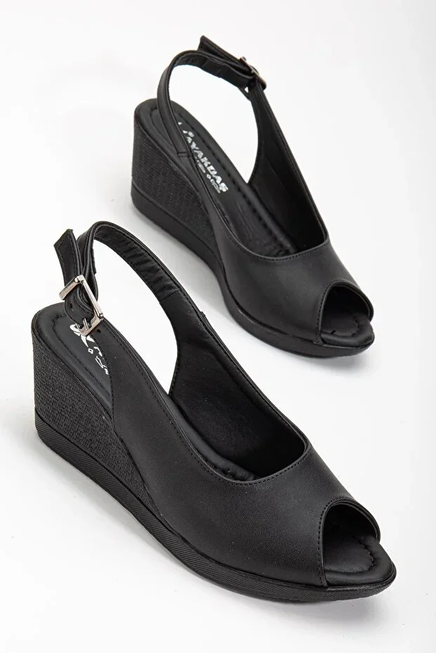 Padded Sole, Open Toe and Back, Orthopedic Faux Leather Black Women's Wedge Heel Shoes