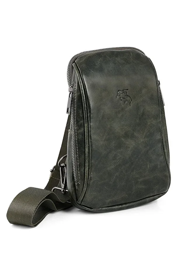 Men's Shoulder Bag Cross Chest and Back Bag Body Bag Green Vegan Leather Etn-72-y