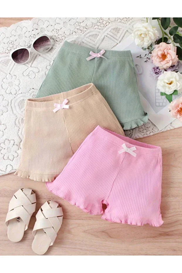 Baby Girl & Kids 3 Pieces Ruffled Summer Ribbed Short Biker Shorts