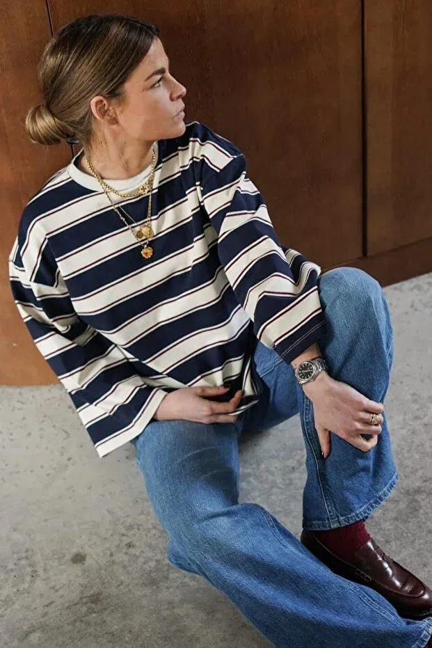 Madmext Navy Blue Crew Neck 100% Cotton Striped Long Sleeve T-Shirt MG2362