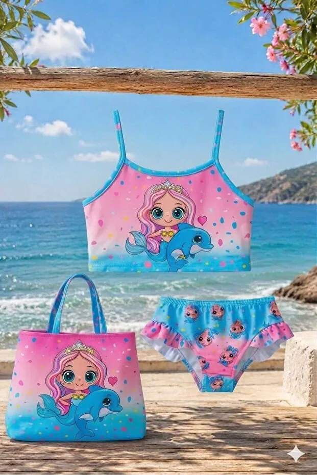 Three-Piece Girl's Ruffled Bikini Set with Bag