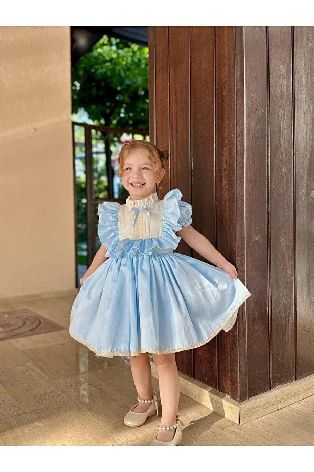 Defne Blue Bow Vintage Baby Girl Dress, Birthday Dress, Photo Shoot Dress, 0-7 Years Suitable