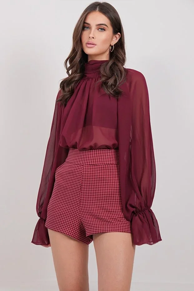 Women's Burgundy Plaid Patterned Shorts ALC-X14926