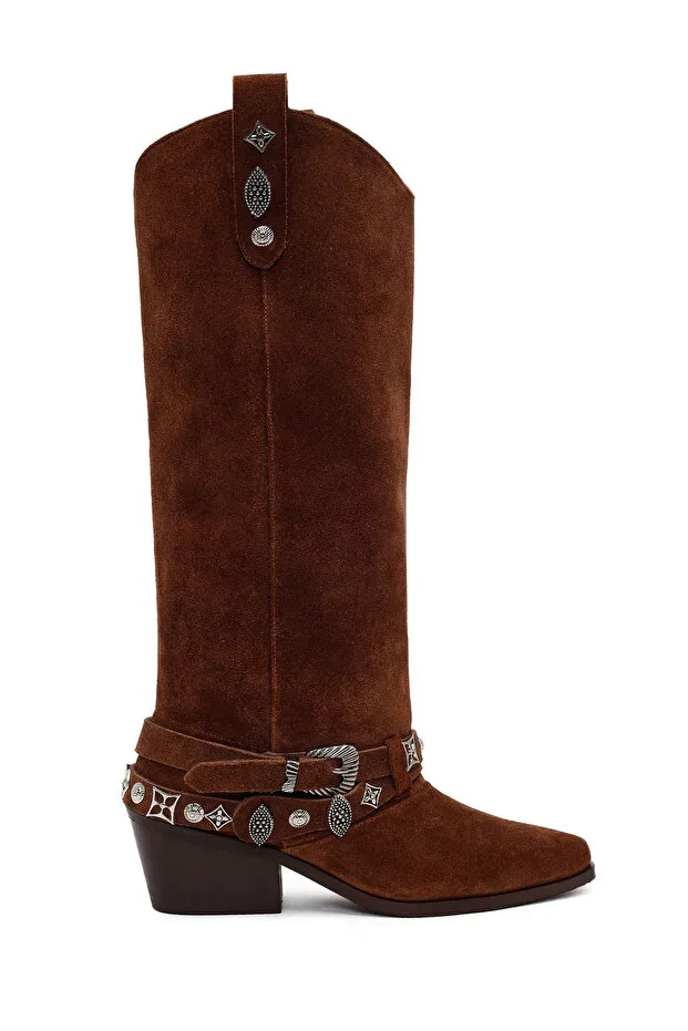 Women's Brown Thick-Heeled Suede Leather Cowboy Boot 26PFD207610