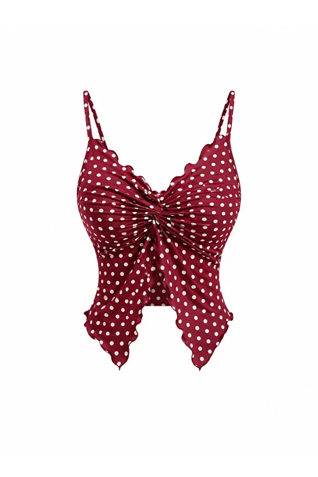 Wild Flower Front Twist Polka Dot Pattern Thin Strap Alacati Crop Top