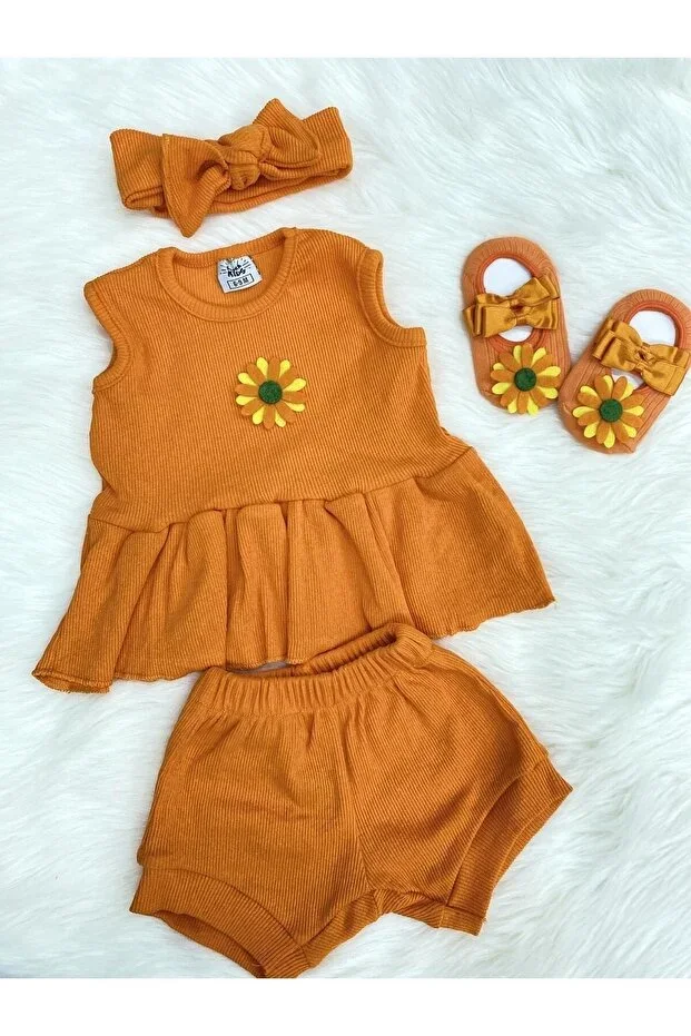 ORANGE RIBBED SUNFLOWER FELT SOCK AND BANDANA SET