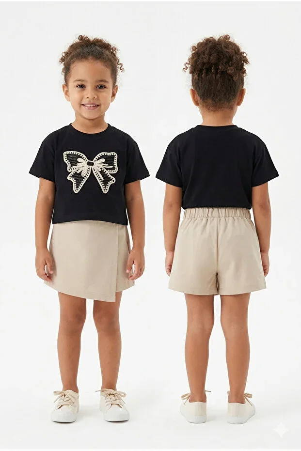GIRLS' SHORTS WITH SKIRT 2-PIECE SET WITH BOW DETAIL 100% COTTON