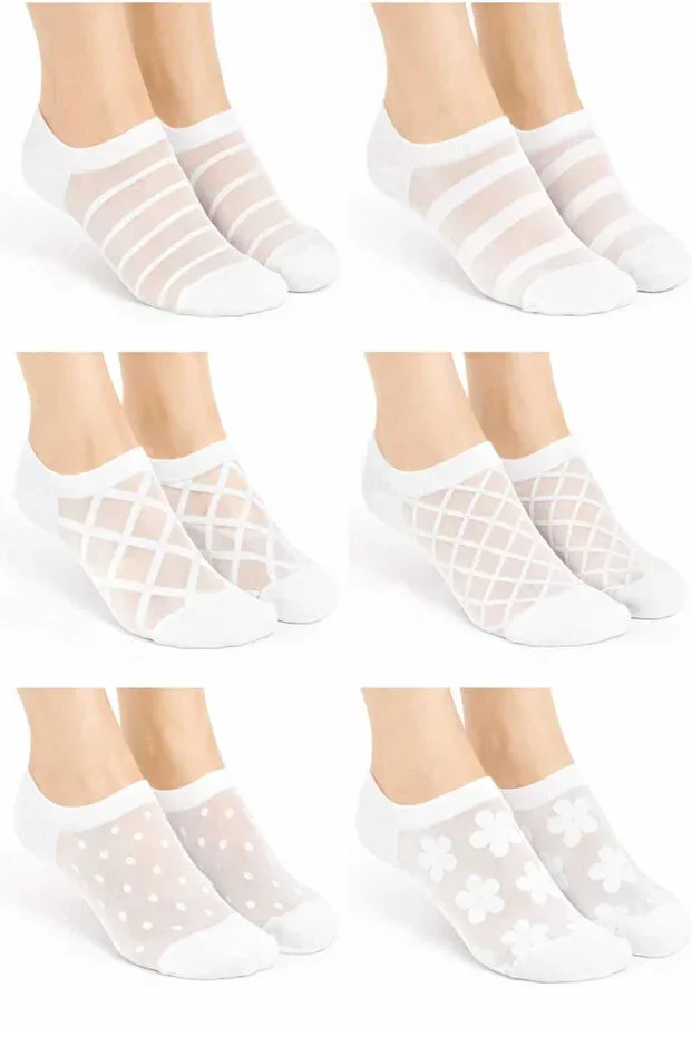 6 Pairs Women's White Patterned Tulle Ankle Socks Set
